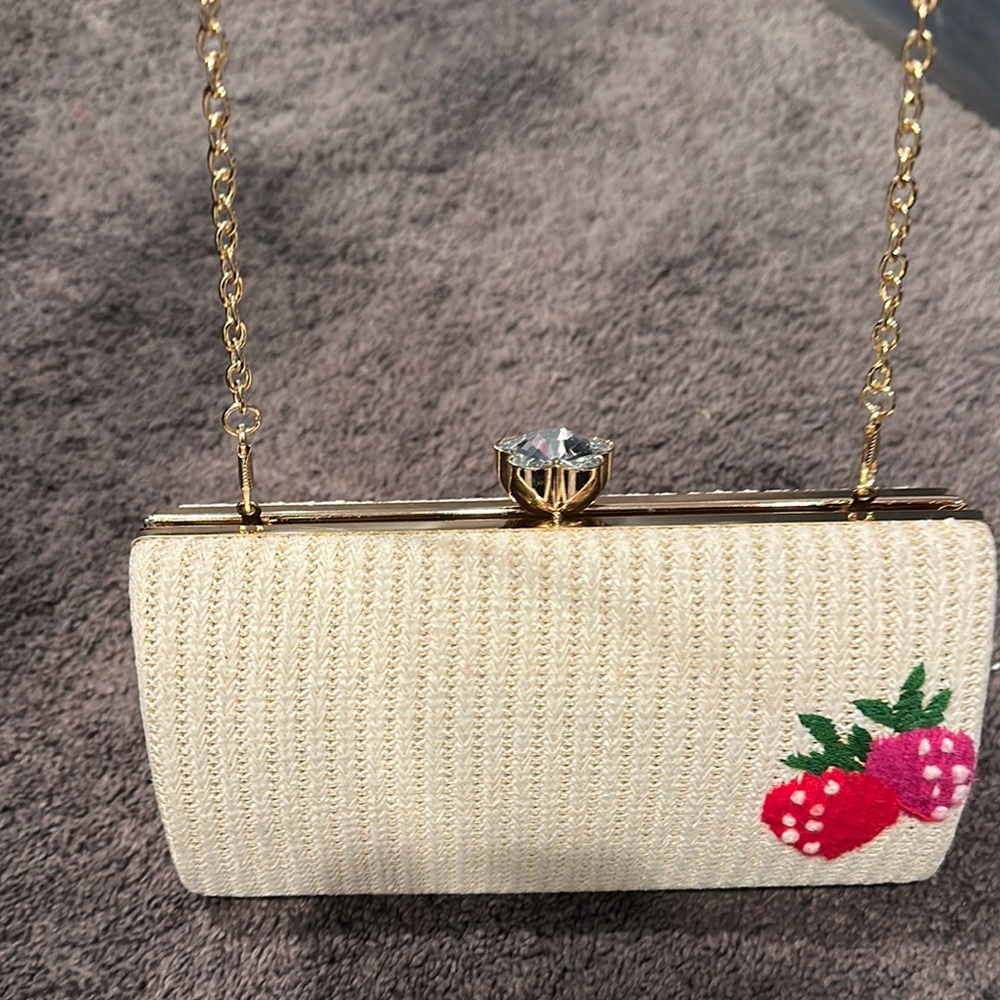 Cream and Red Clutch with Elegant Gold Clasp and Chain